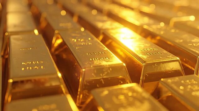 Rows of shiny gold bars reflecting light, representing wealth and financial security.