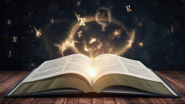 An open book glowing with magical light, emanating golden letters and sparkling particles into a dark, mystical background, symbolizing knowledge and imagination.