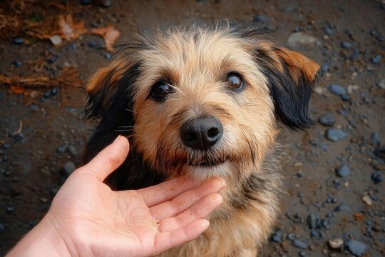 Scruffy small tan and black dog with trusting eyes looking up as a human hand gently cups its chin on rocky ground