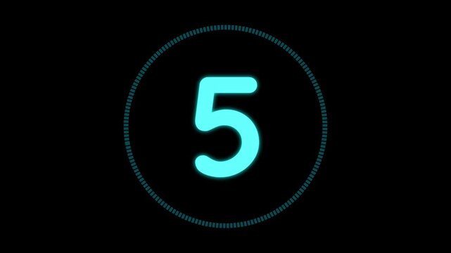 Neon countdown timer animation 10 seconds with cyan blue numbers on black background