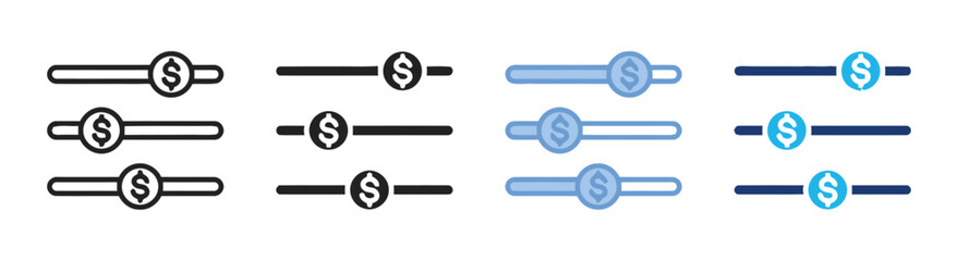 Slider bar icons with dollar sign representing financial control, adjustments, and value settings, shown in various graphic styles