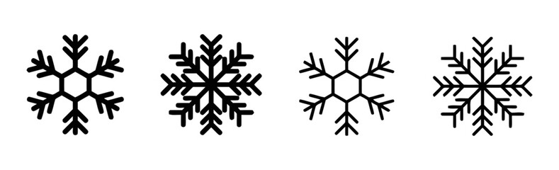 Obraz premium Snowflake icon set showing intricate cold weather symbols in detailed black and simplified outline forms, perfect for winter holiday and seasonal design elements
