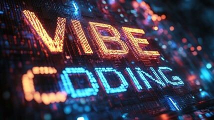 glowing orange and blue pixelated text reading vibe coding on a futuristic circuit board display, energetic neon cyberpunk atmosphere