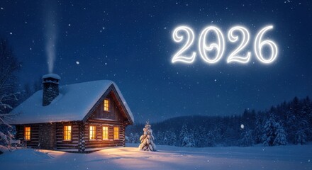 Fototapeta premium Glowing numerals indicating the year twenty twenty six hover above a snow-covered cabin during a winter night