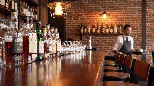Elegant Bar Interior with Classic Liquor Bottles and Warm Lighting Ambience