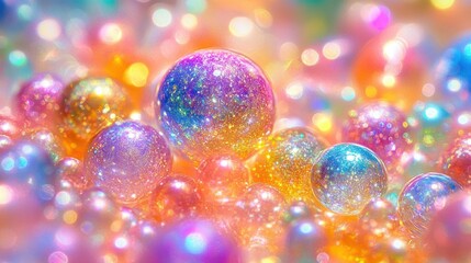 Iridescent glitter marbles and shimmering spheres amid pastel bokeh, dreamy magical sparkle and joyful glowing light