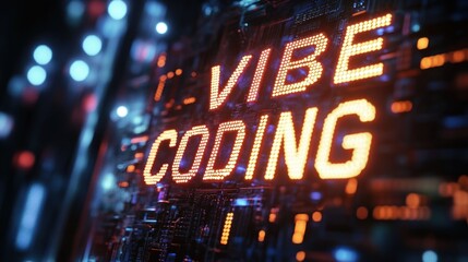 glowing dot matrix text vibe coding on a neon orange circuit board with blue bokeh lights, futuristic energetic vibrant tech atmosphere