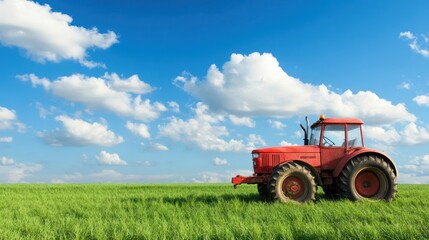 Fototapeta premium Vibrant Red Tractor Standing Tall in a Lush Green Field under a Sunny Sky