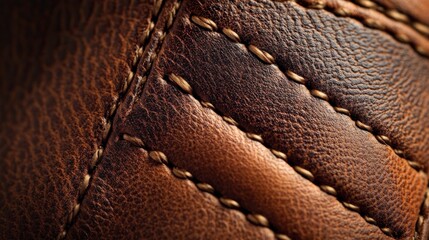 Obraz premium Close-up of brown textured leather with detailed stitching and quilted pattern showing rich color variations and grain