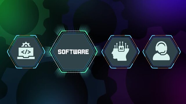 Software development concept with futuristic hexagon interface, system application architecture, programming technology and digital solution design.