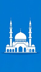 Naklejka premium Minimalist white mosque silhouette with dome and minarets on a bright blue background, clean symmetrical design representing Islamic architecture, faith, and religious celebration.