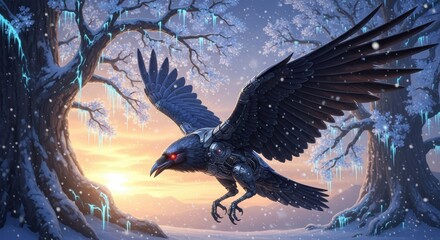 Obraz premium Mechanical raven soars through a fantasy winter forest during twilight
