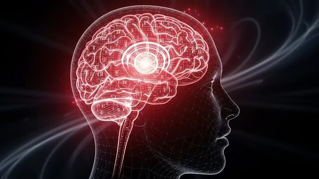 Minimal vector illustration of a human head in profile with a glowing brain in slow motion