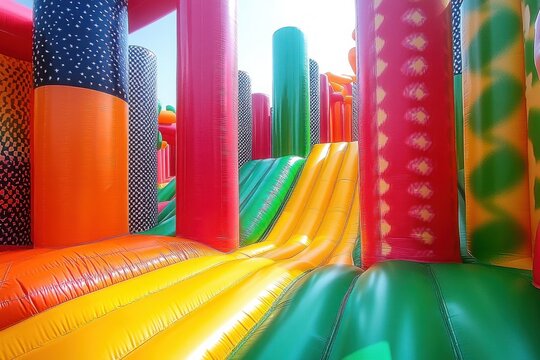 Colorful inflatable bounce house with multiple tall columns and bright yellow slide under sunlight