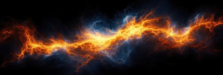 Bright orange and blue electric lightning bolt against a dark background depicting powerful dynamic energy and intense electric charge