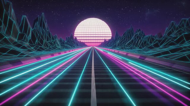 Detailed description of a retro-futuristic neon highway stretching towards a glowing sun over wireframe mountains in a synthwave aesthetic.
