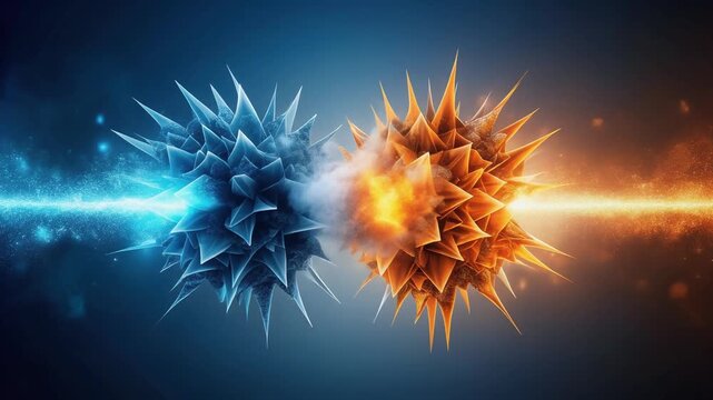 Two spiky, glowing spheres, one blue and one orange, collide in a dramatic burst of energy, symbolizing opposing forces meeting.