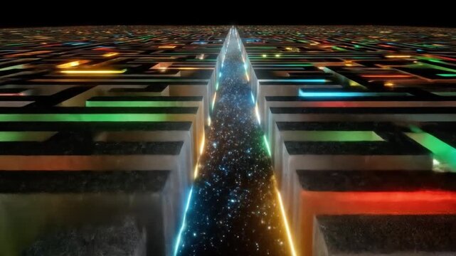 Abstract illuminated path through complex maze design with vibrant colors