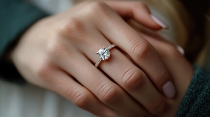 Close-up of a woman's hand wearing a sparkling solitaire diamond engagement ring on the ring finger, manicured pale pink nails and a cozy green sweater sleeve, intimate romantic moment