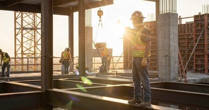 Construction workers erecting steel frame during sunset sunlight