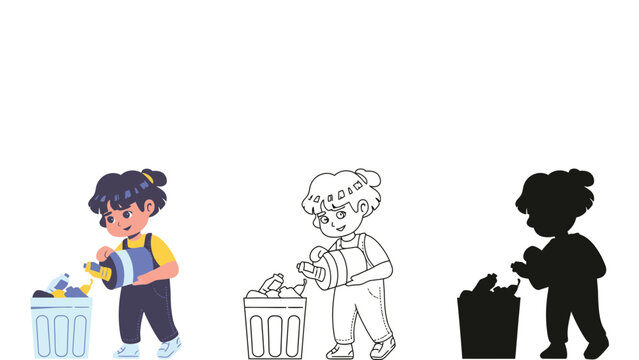A young girl throwing away trash in different illustration styles and formats