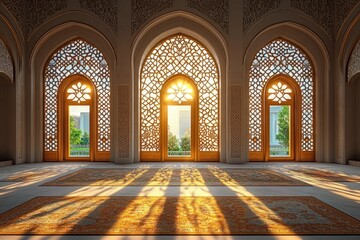 Obraz premium Sunlight streaming through ornate arched windows with intricate lattice patterns casting warm shadows on richly patterned carpets inside a serene architectural interior