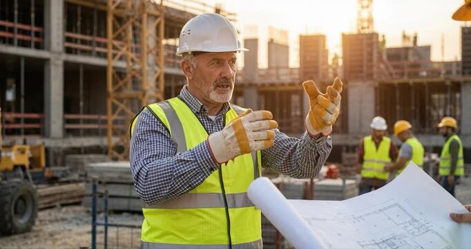 Construction workers examining blueprints at building site