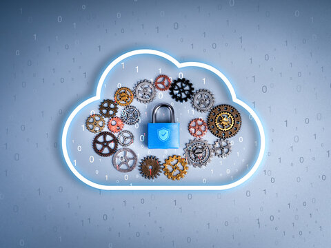 Cybersecurity concept with cloud icon, mechanical gears, and blue padlock, representing cloud data protection, secure cloud management, system integration, and digital privacy in tech infrastructure.