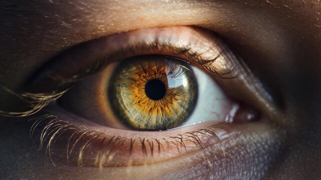 A captivating close-up of a human eye, showcasing its intricate hazel iris, dark pupil, and delicate eyelashes with dramatic lighting.