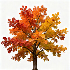 Single Autumn Maple Tree with Red and Orange Leaves Isolated on White Background