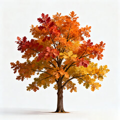 Single Autumn Maple Tree with Red and Orange Leaves Isolated on White Background