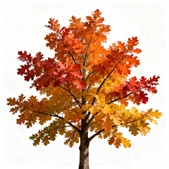 Single Autumn Maple Tree with Red and Orange Leaves Isolated on White Background