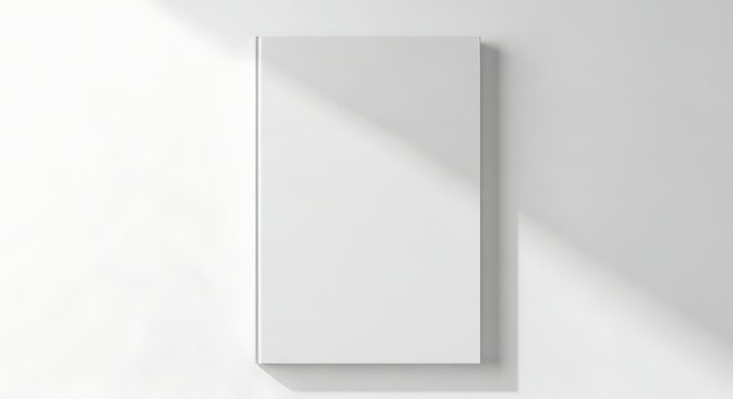 Minimalist white blank book cover mockup with elegant natural light shadows.