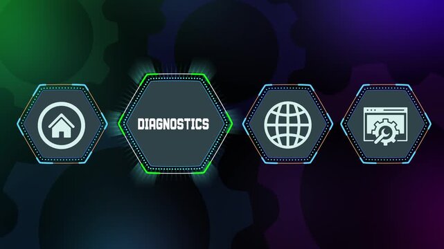 Diagnostics technology concept with futuristic hexagon interface, digital analysis system, data monitoring icon and global network design.