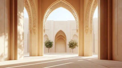 Naklejka premium Architectural Corridor With Arched Columns And Potted Trees In Soft Sunlight architecture arches