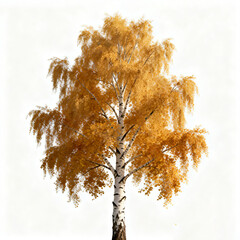 Golden Autumn Birch Tree on White Background