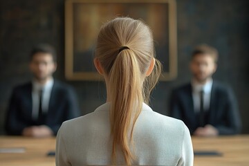 Young woman with ponytail sits at conference table facing two suited interviewers in a formal boardroom, tense and anticipatory atmosphere