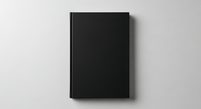 Premium blank black hardcover book mockup on minimalist white background.