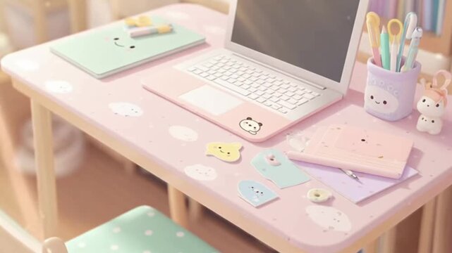 Cute and Aesthetic Workspace Setup with Laptop and Kawaii Stationery for Studying