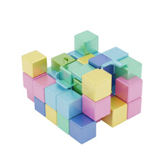 Fototapeta premium Abstract Geometric 3D Cubes Puzzle, Colorful Building Blocks, Playful Arrangement, Modern Design, Black Background