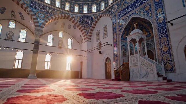 Ramadan Kareem celebration inside a serene mosque with intricate arches and red carpet, No Sound video reference