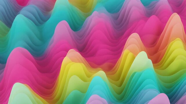 Vibrant abstract 3D rendering of undulating colorful waves and peaks, creating a dynamic and fluid visual pattern with a spectrum of bright hues.