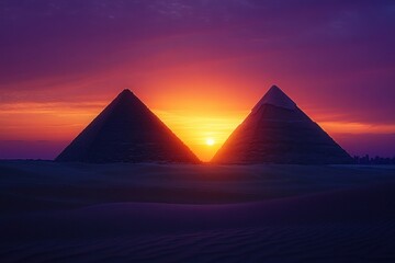 Sun setting between two ancient pyramids over a desert landscape with vibrant purple and orange sky