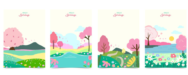 Obraz premium Cute Spring Landscape Illustration Set with cherry blossom Trees and Flower Fields background