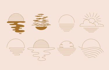 Minimal sunset line art icon in boho style with minimal Celestial Vector Collection