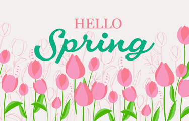 Hello Spring.Floral Illustration Collection with Soft Pastel pink tulip Botanical Designs horizontal banner