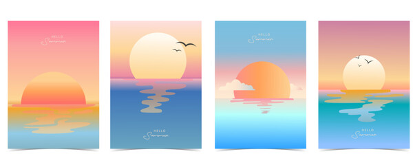 Minimal Sunset and Sunrise Poster Set, Pastel Ocean Landscape Wall Art background