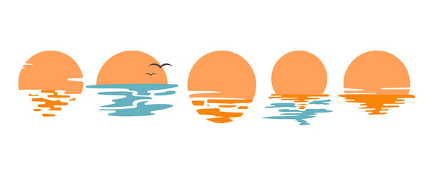 Minimal Sunset Sun Reflection Over Sea Vector Icon Set