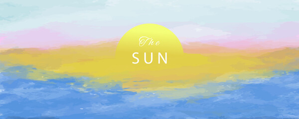 Watercolor Sunset and Sunrise horizontal banner, Pastel Ocean Landscape Wall Art background