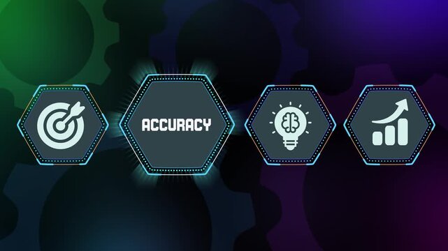 High level accuracy and data precision concept for digital business analytics with professional hexagon dashboard and target icons.